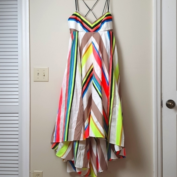 Milly Blended Linen Silk Mitered Trapeze Neon Striped Maxi Dress - Picture 4 of 10